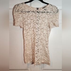 Moda International Cream Lace Black Zip Back Short Sleeve Top Medium
